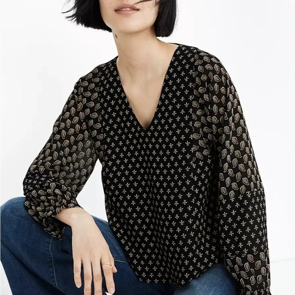 Madewell Sheer Sleeve Brushstroke Paisley‎ Mix Media Top Blouse XXS